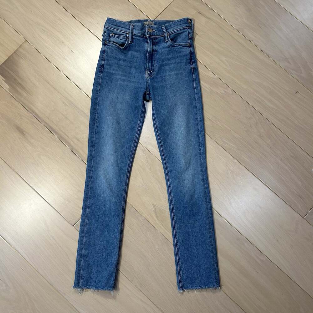 Mother The Mid Rise Dazzler Ankle Step Fray In Riding Blue Jeans Women’s 25